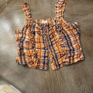 Anthropologie Orange and Blue Plaid Ruffle Top